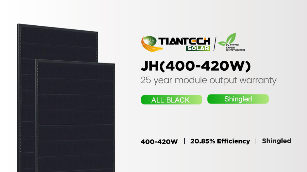 El panel negro con tejas de 410 W se destaca del panel fotovoltaico de Europa